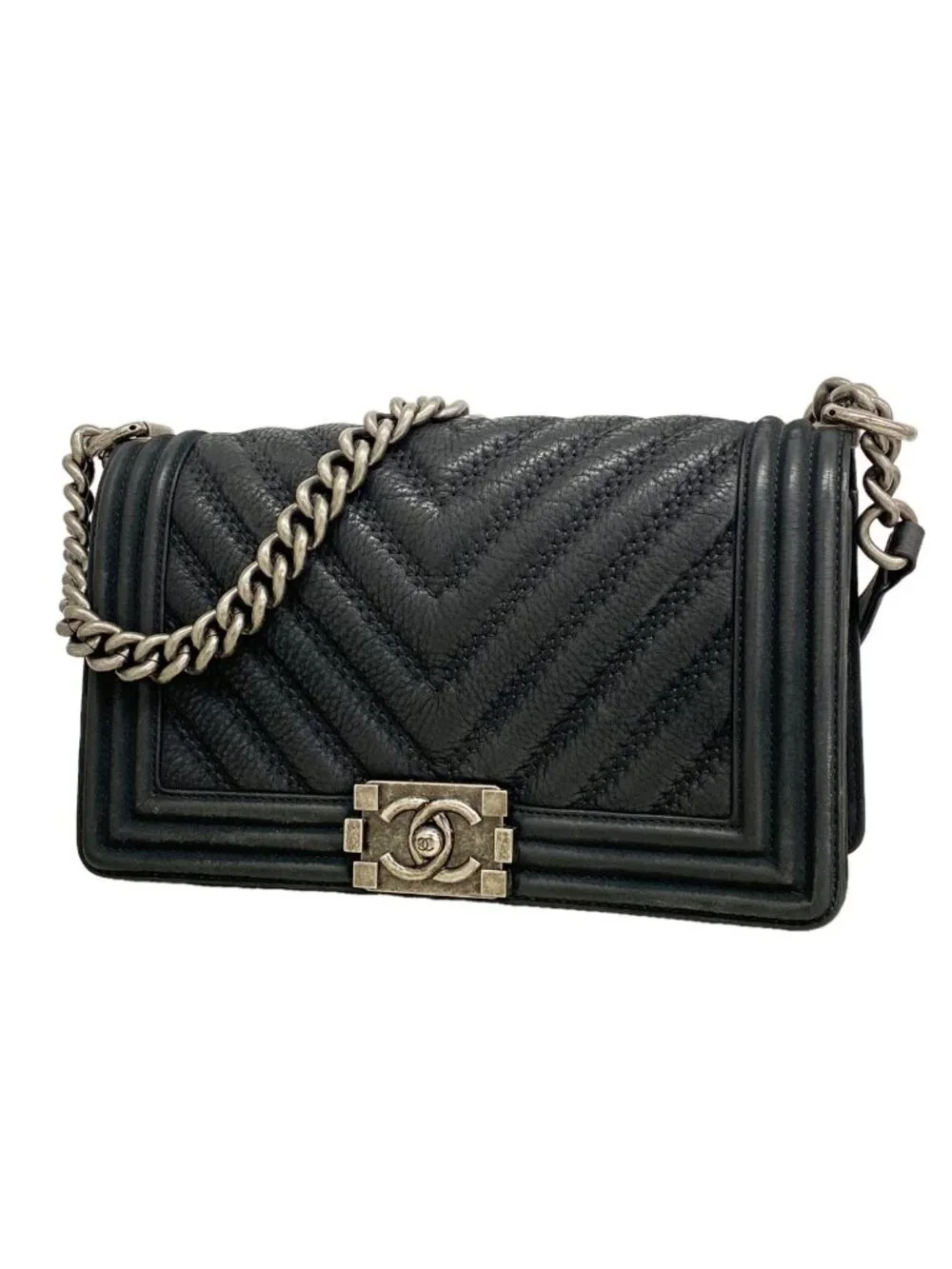 Chanel Shoulder Bag Boy Leather Black Silver